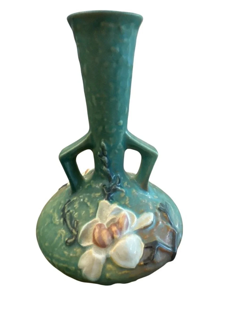 Roseville Magnolia 179-7" Green Ceramic Double Handle Vase Vintage USA - Picture 2 of 6